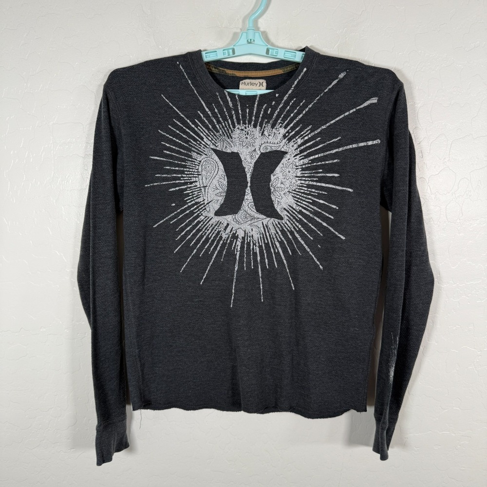 Hurley Shirt Mens Large Gray Long Sleeve Waffle Knit Thermal Graphic‎ Logo Y2K